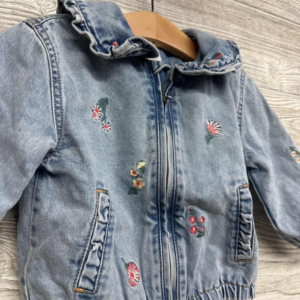 Denim Jacket Ruffle Collar Embroidered Flowers 12M