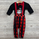 LS Bodysuit My First Christmas, Suspender Pants Buffalo Plaid W/ Hat 6M