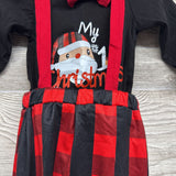 LS Bodysuit My First Christmas, Suspender Pants Buffalo Plaid W/ Hat 6M
