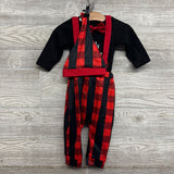 LS Bodysuit My First Christmas, Suspender Pants Buffalo Plaid W/ Hat 6M