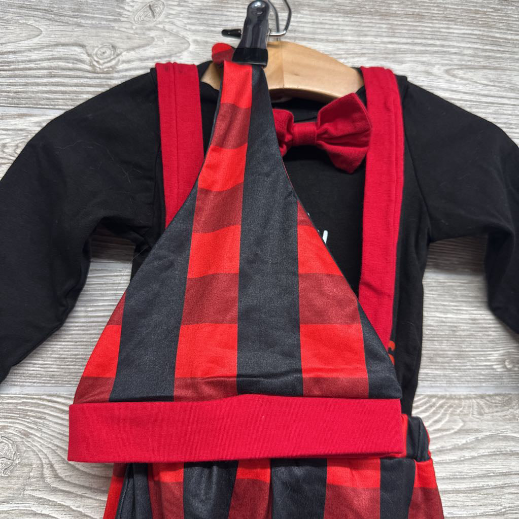 LS Bodysuit My First Christmas, Suspender Pants Buffalo Plaid W/ Hat 6M