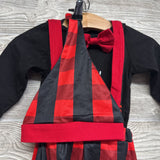 LS Bodysuit My First Christmas, Suspender Pants Buffalo Plaid W/ Hat 6M