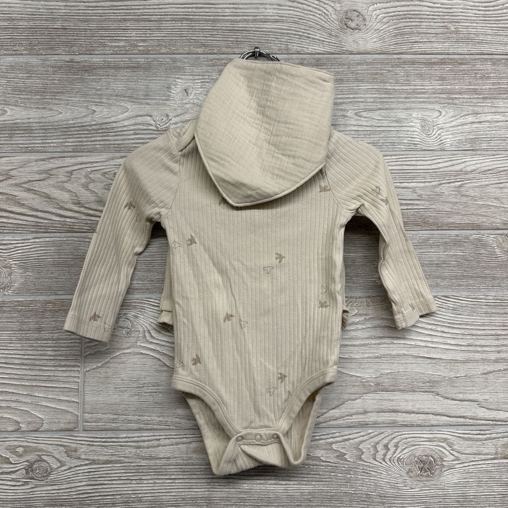 LS Ribbed Bodysuit Birds & Bummies W/ Bandana Bib 12M