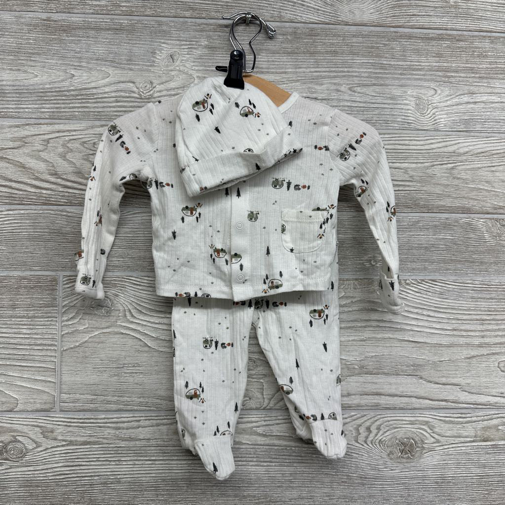 LS Ribbed Snap Shirt & Footed Pants W/ Hat Campers Trees 0-3M