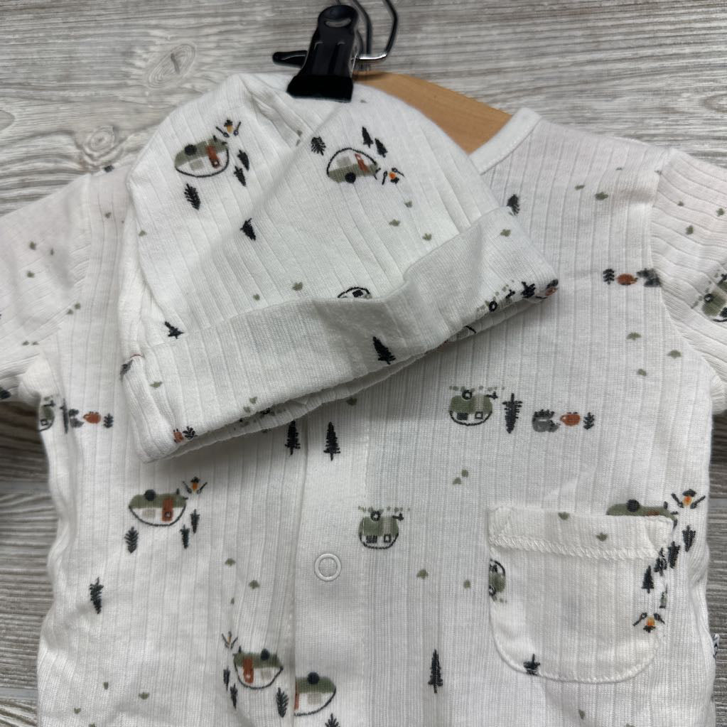 LS Ribbed Snap Shirt & Footed Pants W/ Hat Campers Trees 0-3M