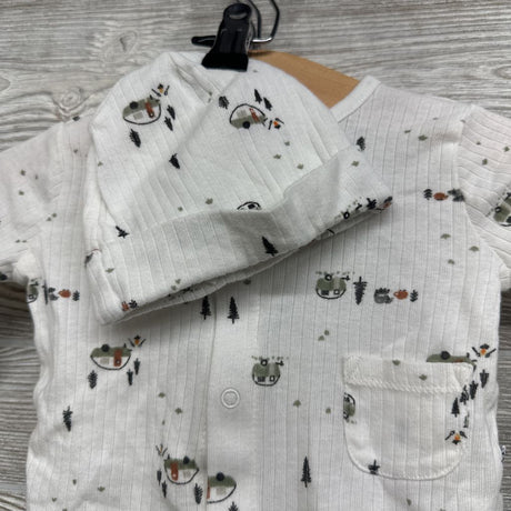 LS Ribbed Snap Shirt & Footed Pants W/ Hat Campers Trees 0-3M