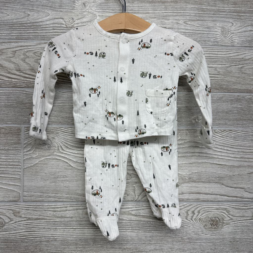LS Ribbed Snap Shirt & Footed Pants W/ Hat Campers Trees 0-3M