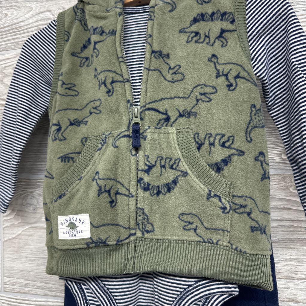 Fleece Vest Dinosaurs, LS Bodysuit Stripes & Fleece Joggers 12M