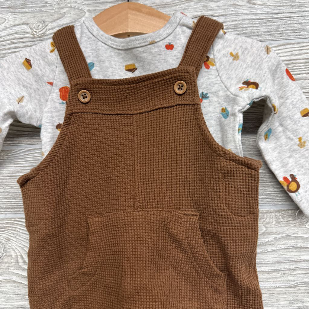 Waffle Knit Overalls & LS Shirt Turkeys 6M