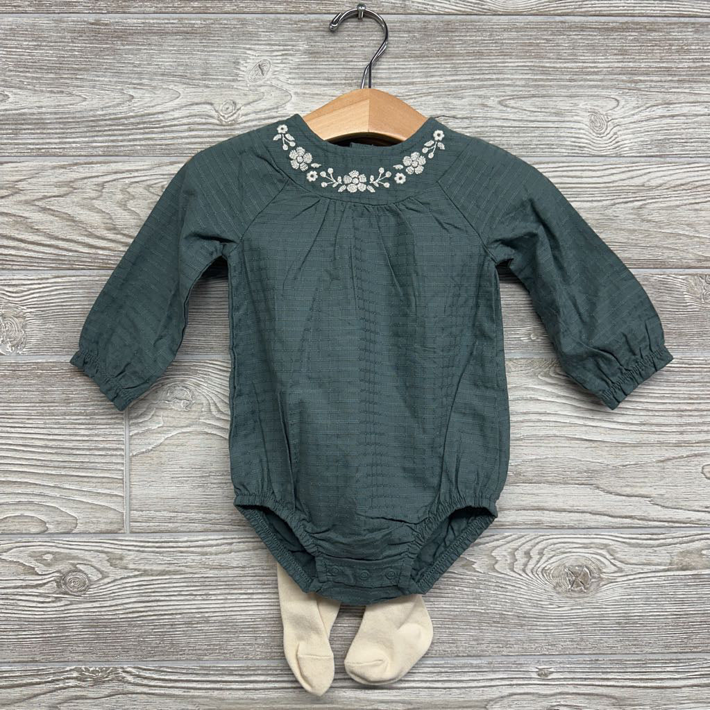 LS Textured Romper Flowers & Knit Tights 9M