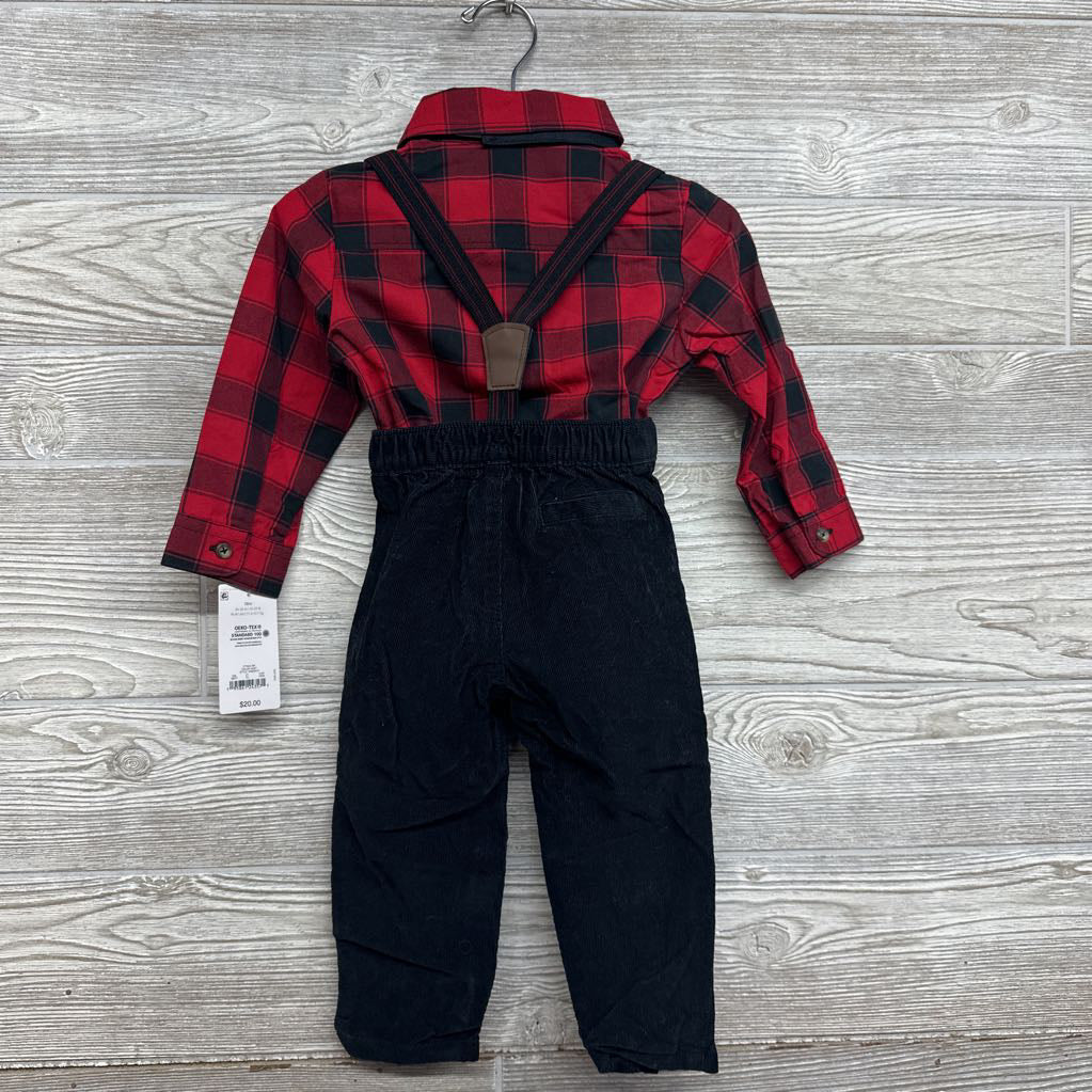 NEW Button Up Gingham Shirt & Corduroy Suspender Pants 18M