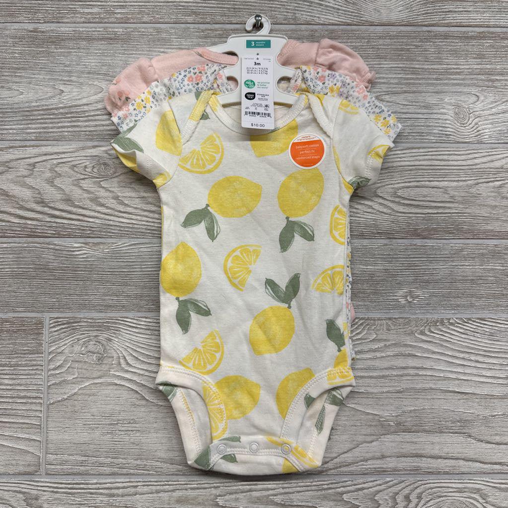NEW 3 Pk Bodysuits Lemons, Flowers 3M