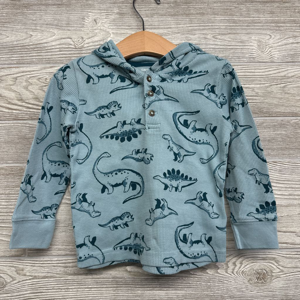 Waffle Knit Henley Shirt W/ Hood Dinosaurs 2t