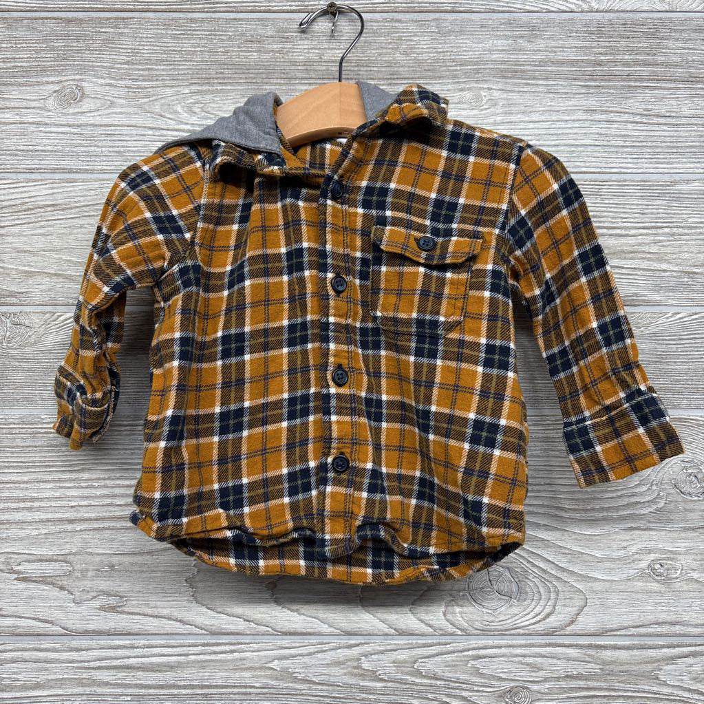 LS Plaid Button Up Flannel Shirt W/ Hood 12-18M