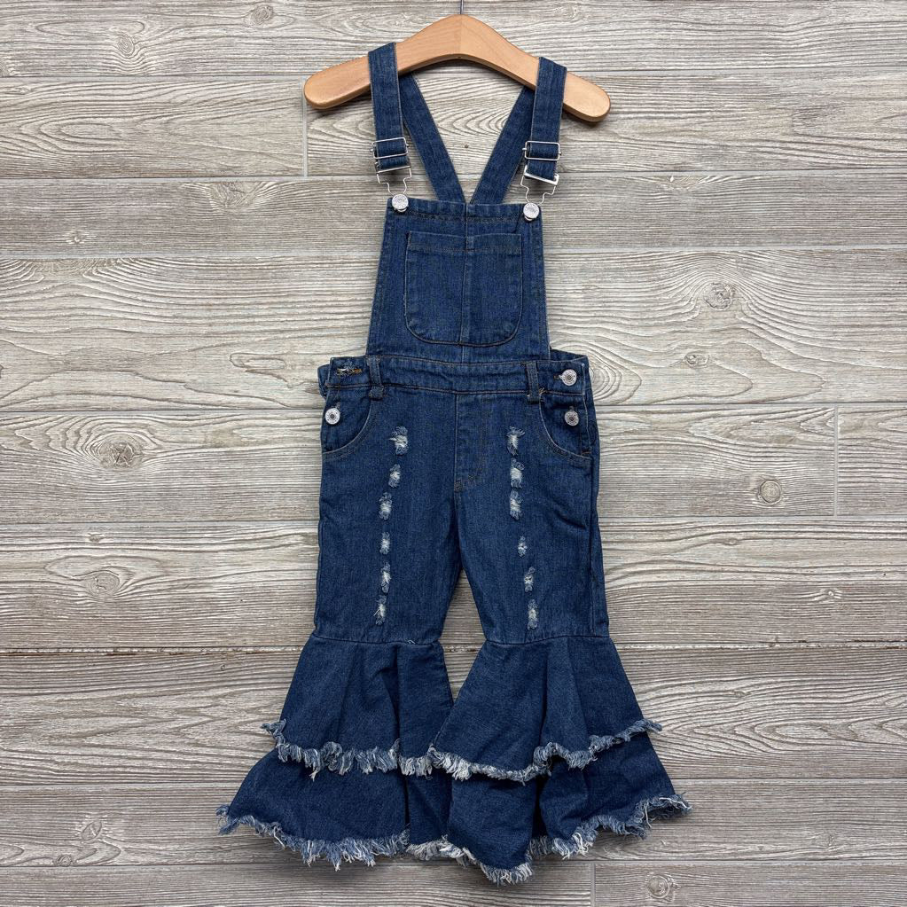 Denim Ruffle Bell Bottom Overalls Frayed 3T