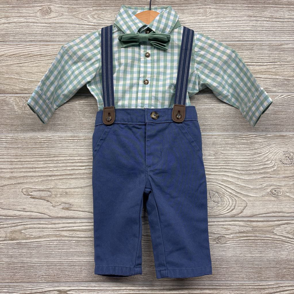 LS Plaid Button Up Bodysuit, Bow Tie & Suspender Pants 3M