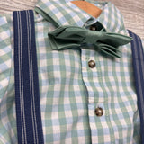 LS Plaid Button Up Bodysuit, Bow Tie & Suspender Pants 3M