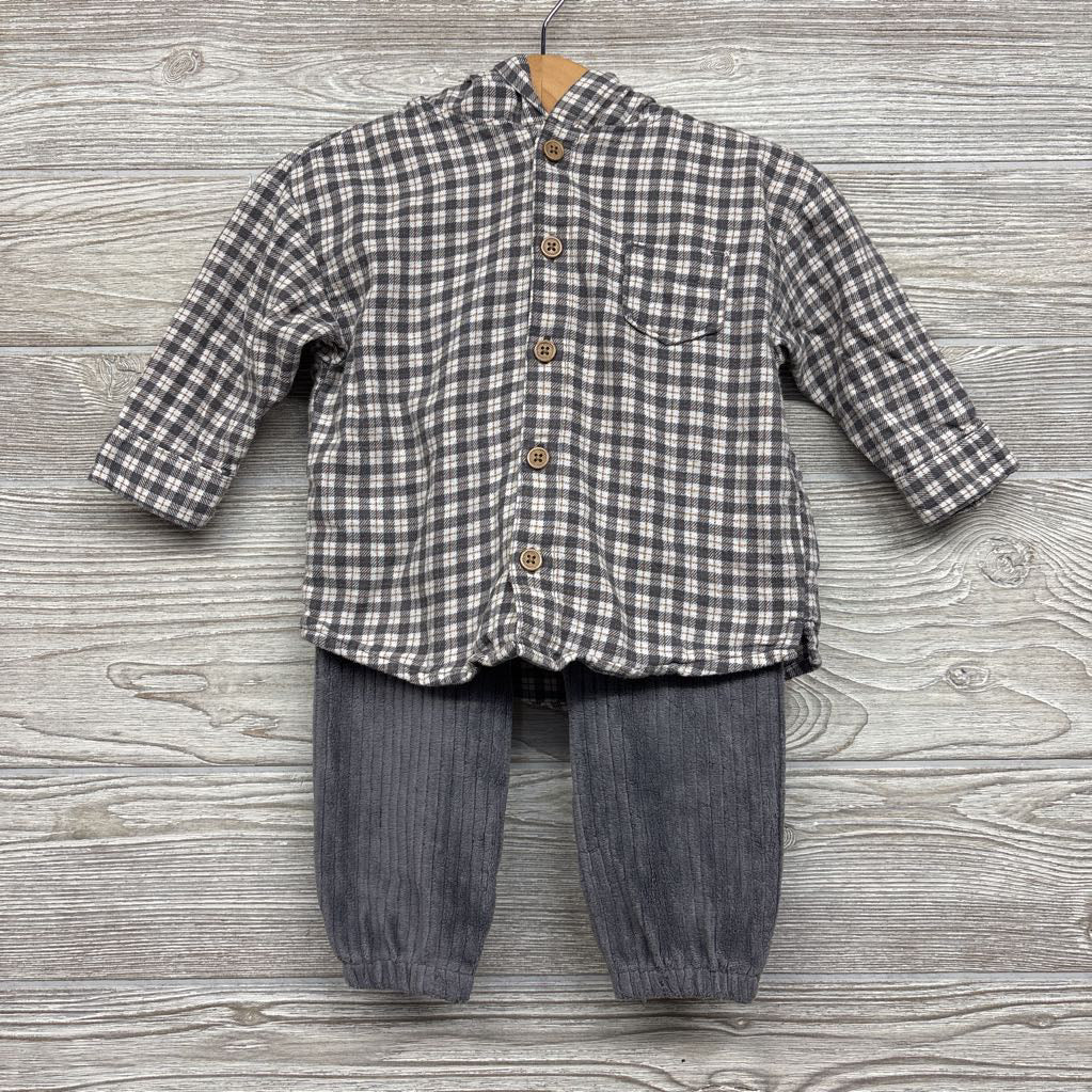 LS Plaid Button Up Shirt W/ Hood & Knit Cord Pants 6-9M