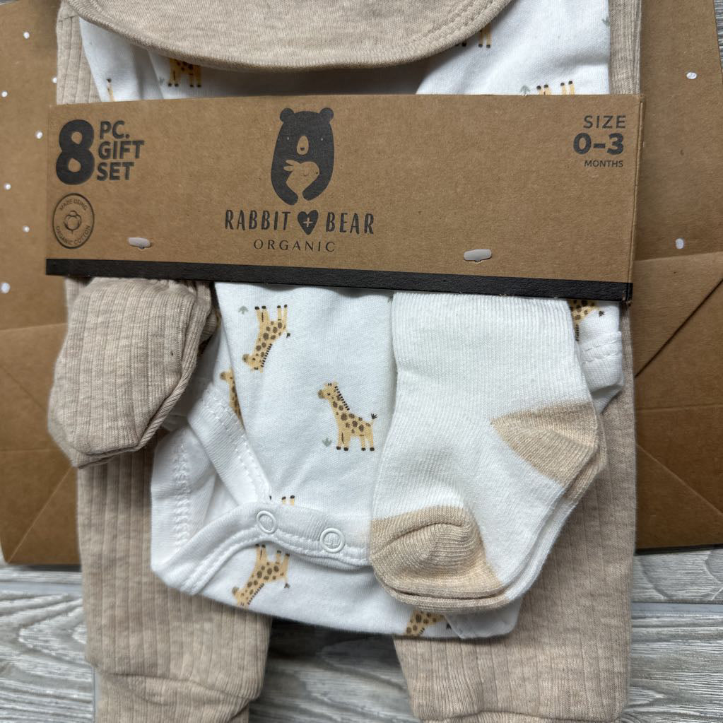 NEW 8 Pc Gift Set Bib, Bodysuit, Pants, Mittens, Socks, Gift Bag
