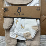 NEW 8 Pc Gift Set Bib, Bodysuit, Pants, Mittens, Socks, Gift Bag