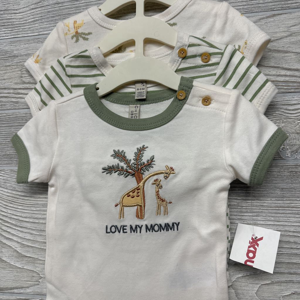 NEW Organic 3 Pk Bodysuits Giraffes, Love My Mommy 0-3M