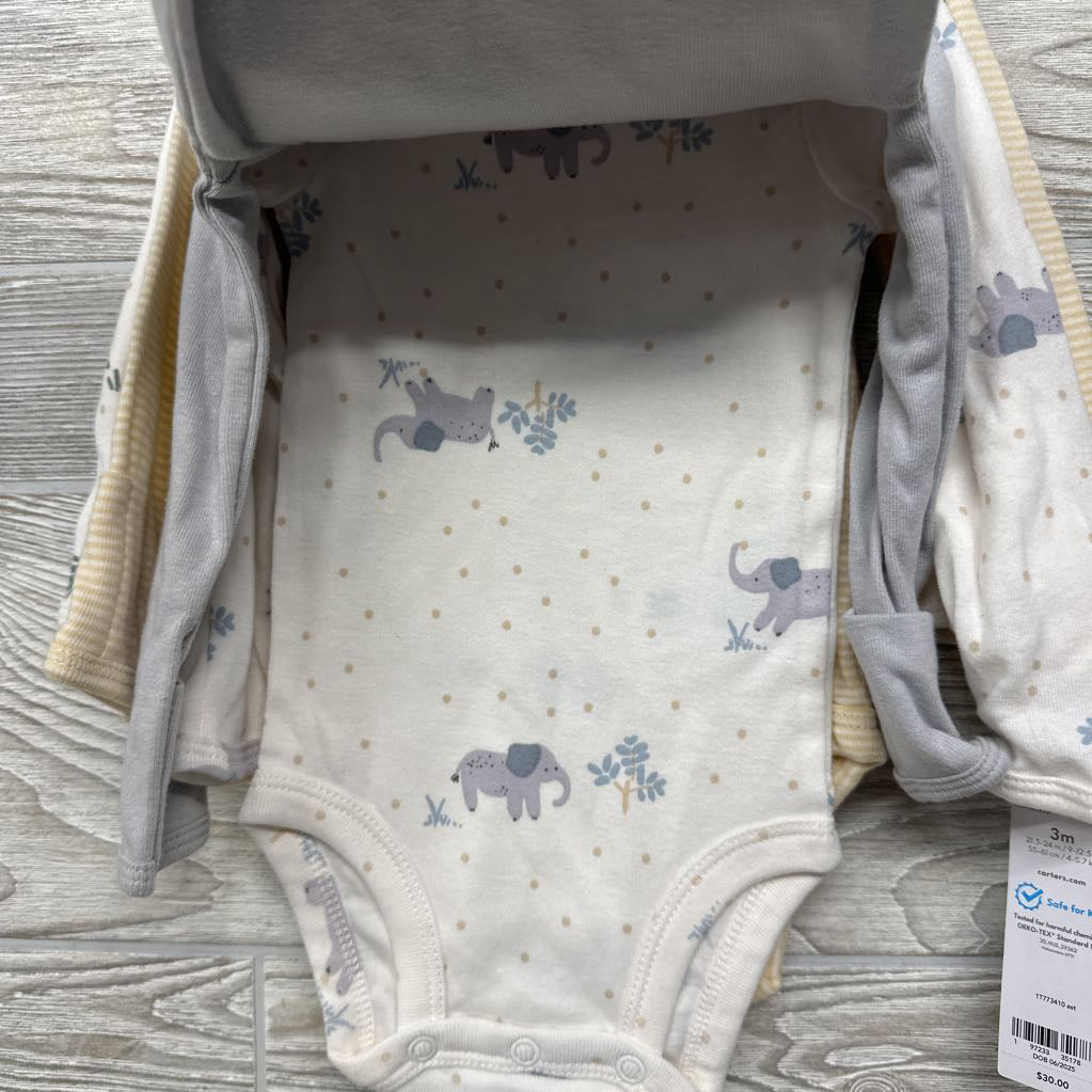 NEW 4 Pk LS Bodysuits Elephants & Giraffes 3M