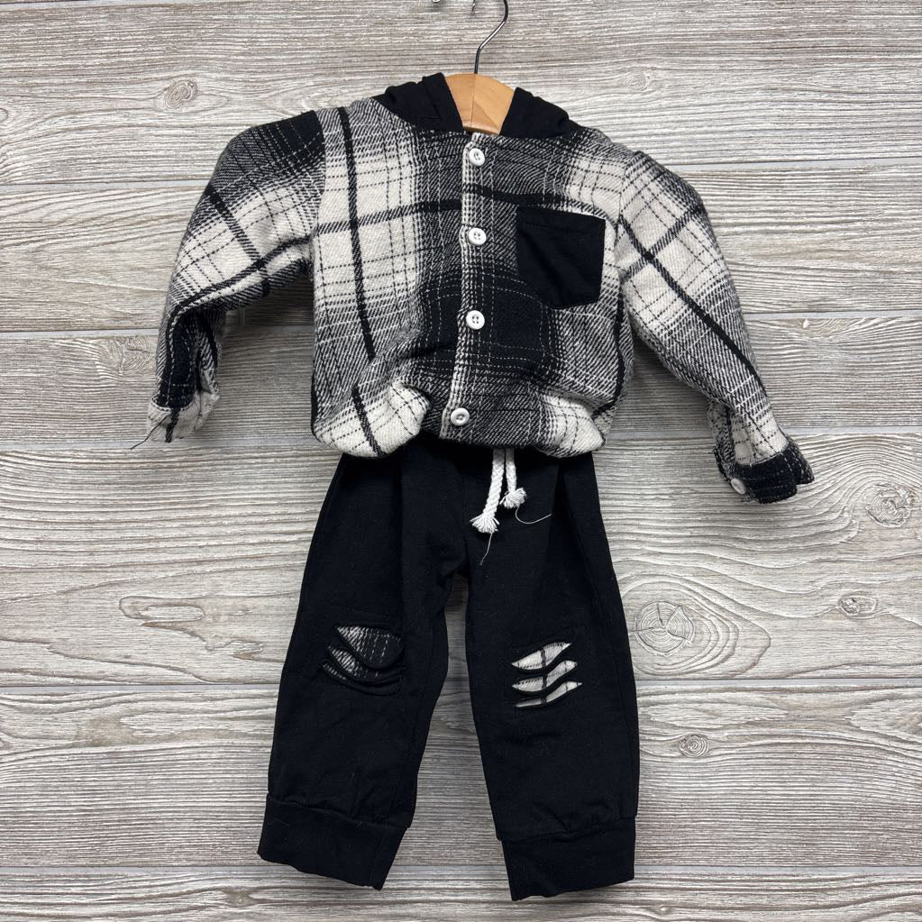 LS Plaid Button Up Shirt W/ Hood & Joggers Patch Knees 3-6M