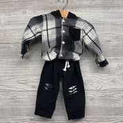 LS Plaid Button Up Shirt W/ Hood & Joggers Patch Knees 3-6M