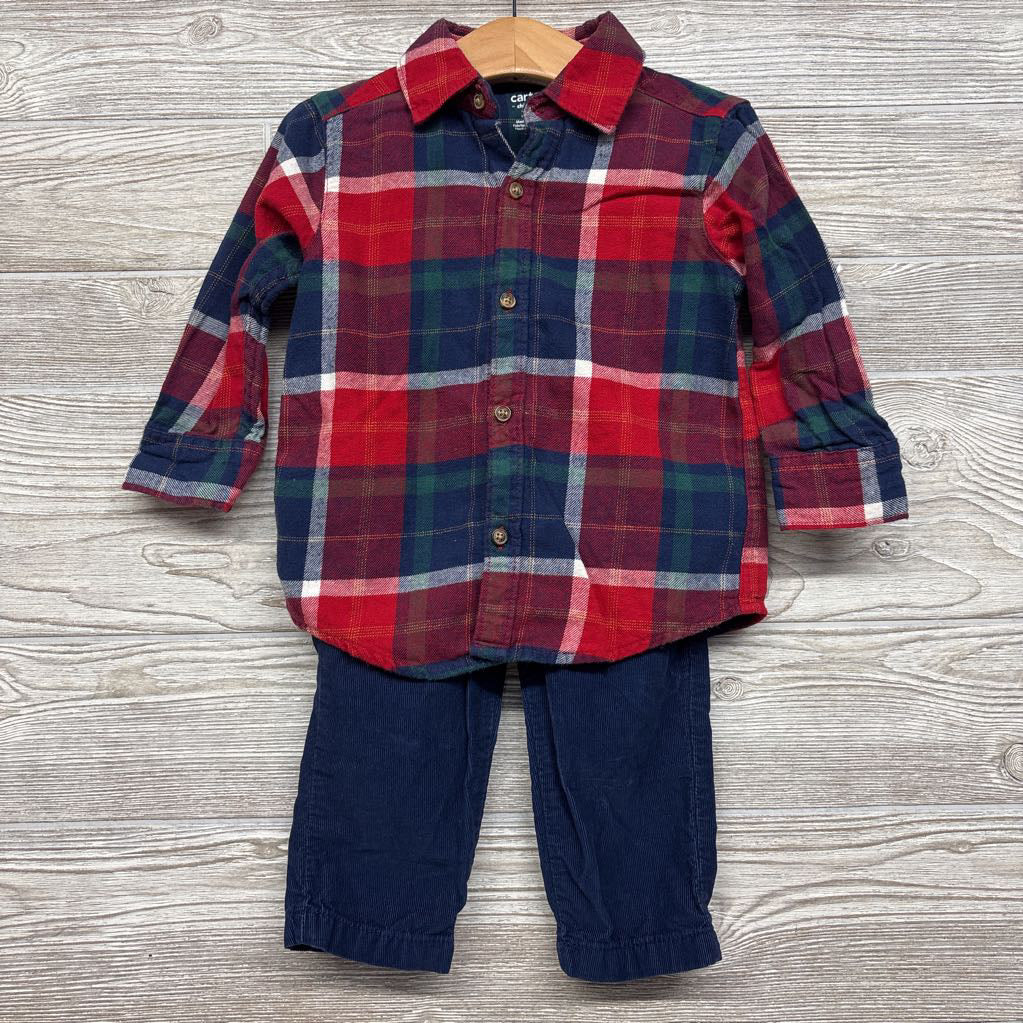 LS Plaid Button Up Flannel Shirt & Cord Pants 2T