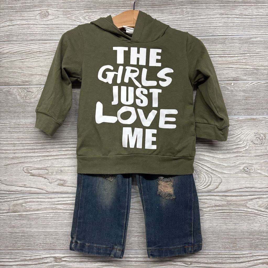 LS Shirt The Girls Just Love Me & Pull On Distressed Jeans 9-12M