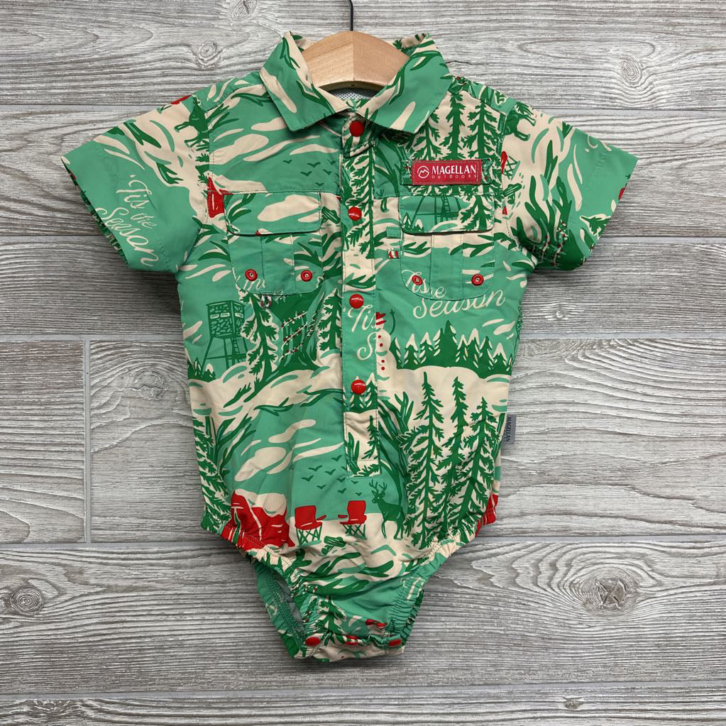 Laguna Madre Short Sleeve Onesie Snowman, Trees, Hunting Blinds 6-9M