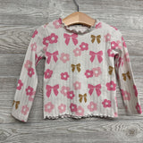 Ribbed LS Shirt Lettuce Trim Flowers & Bows 2t