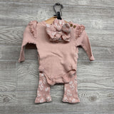 Ribbed Bodysuit Solid & Ribbed Flower Pants & Headwrap 3-6M