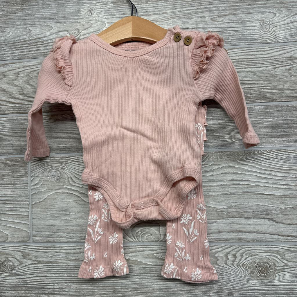 Ribbed Bodysuit Solid & Ribbed Flower Pants & Headwrap 3-6M