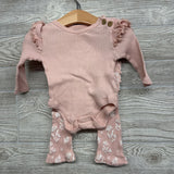 Ribbed Bodysuit Solid & Ribbed Flower Pants & Headwrap 3-6M