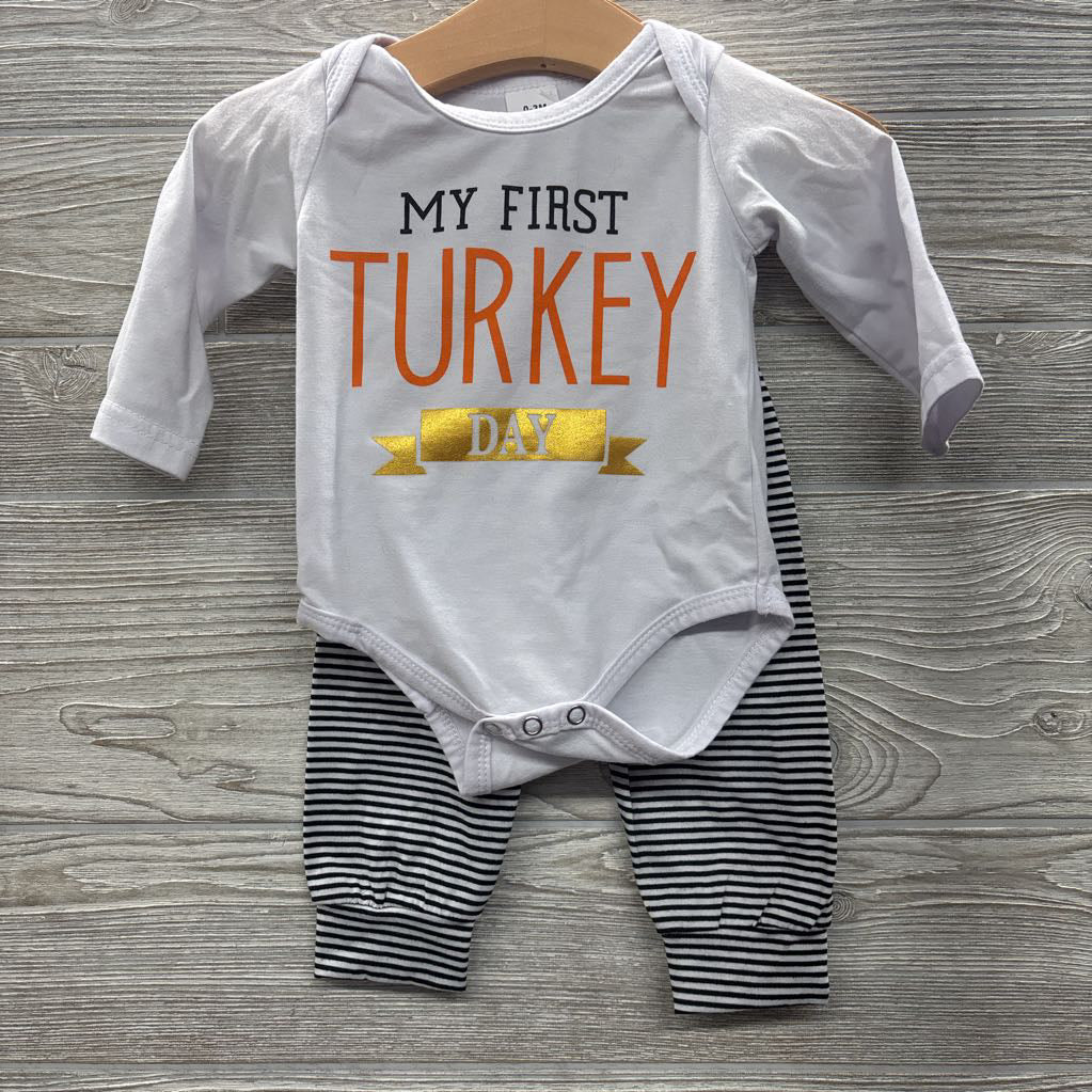 LS Bodysuit My First Turkey Day & Pants Stripes 0-3M