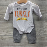 LS Bodysuit My First Turkey Day & Pants Stripes 0-3M