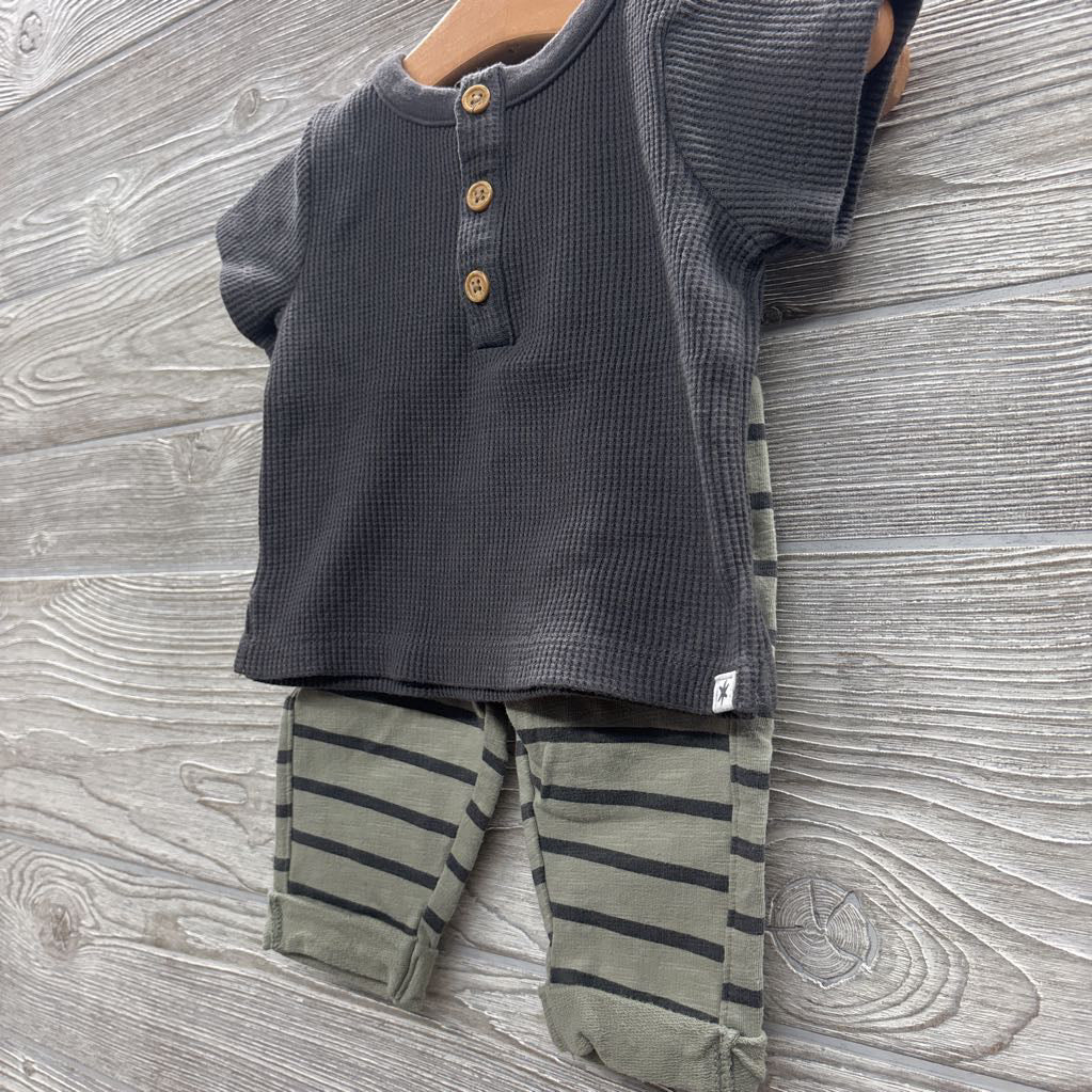 Henley Waffle Knit Shirt & Pants Stripes 0-3M