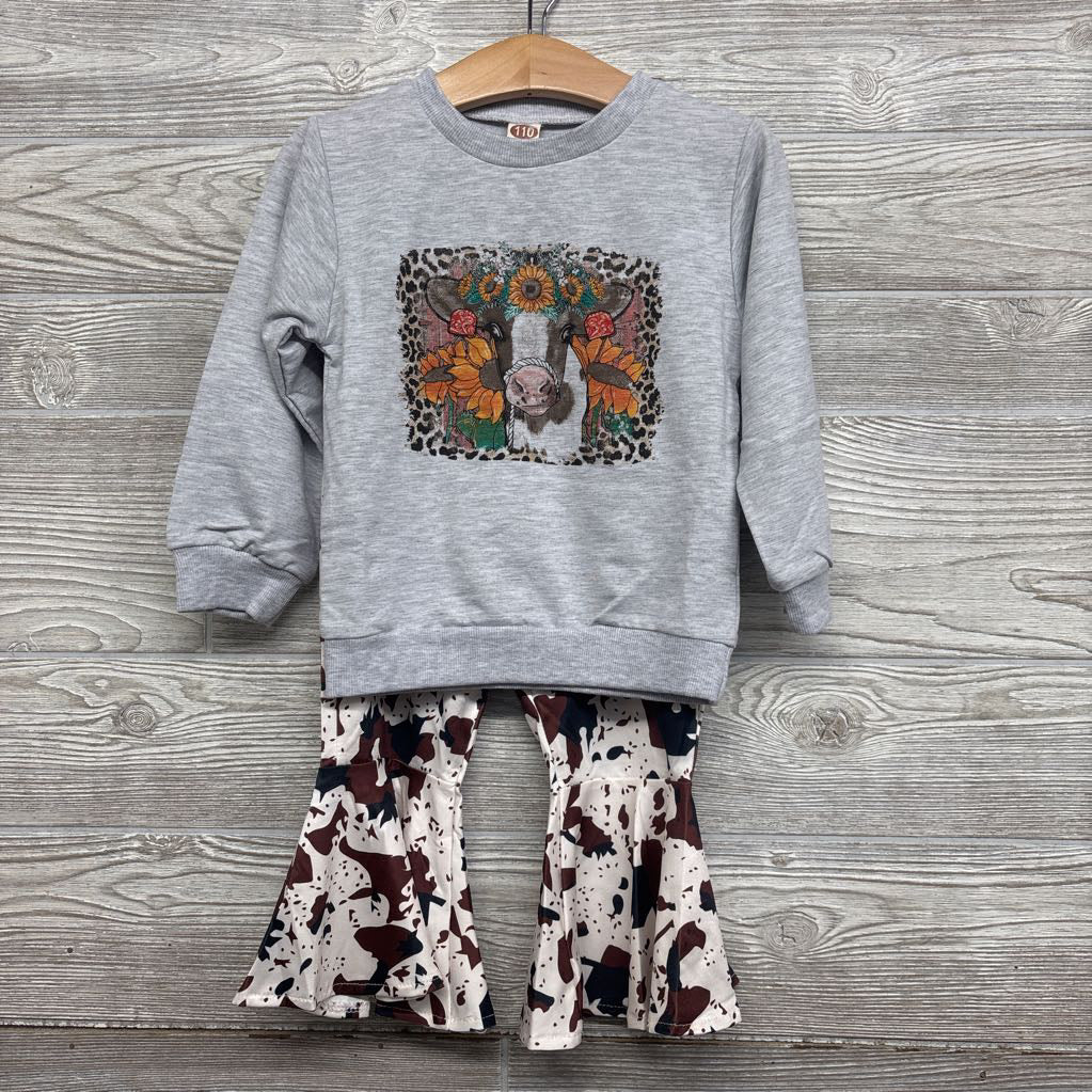 Crewneck Cow W/ Flowers & Flare Cow Print Pants 3t