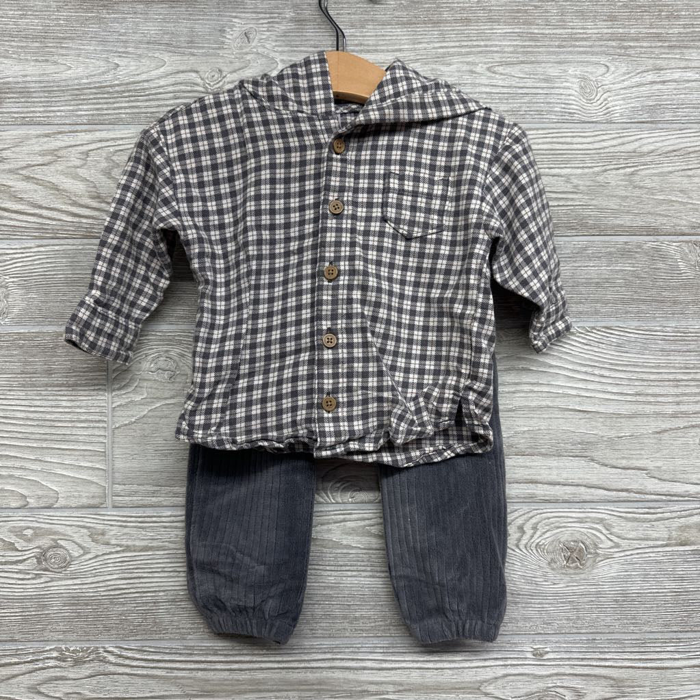 Button Up Plaid Shirt W/ Hood & Ribbed Pants 6-9M