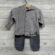 Button Up Plaid Shirt W/ Hood & Ribbed Pants 6-9M