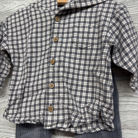 Button Up Plaid Shirt W/ Hood & Ribbed Pants 6-9M