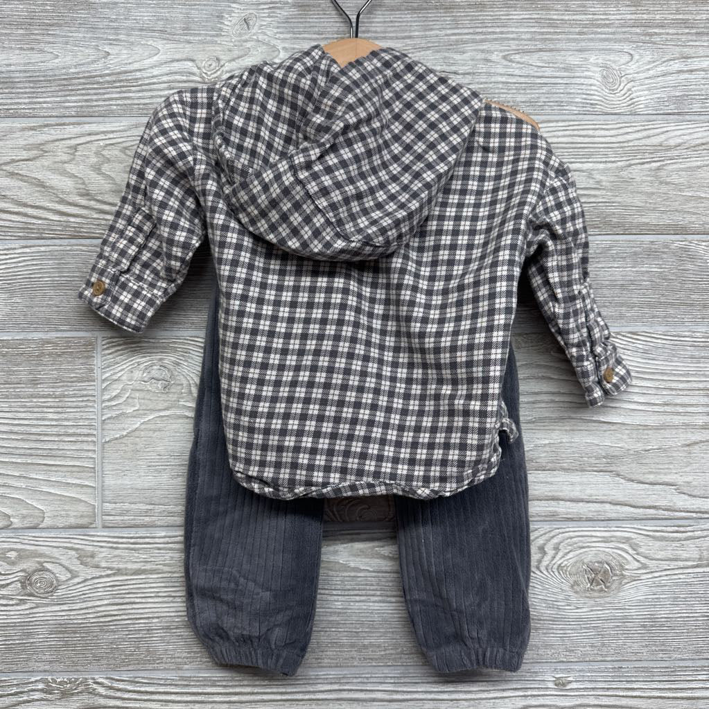 Button Up Plaid Shirt W/ Hood & Ribbed Pants 6-9M